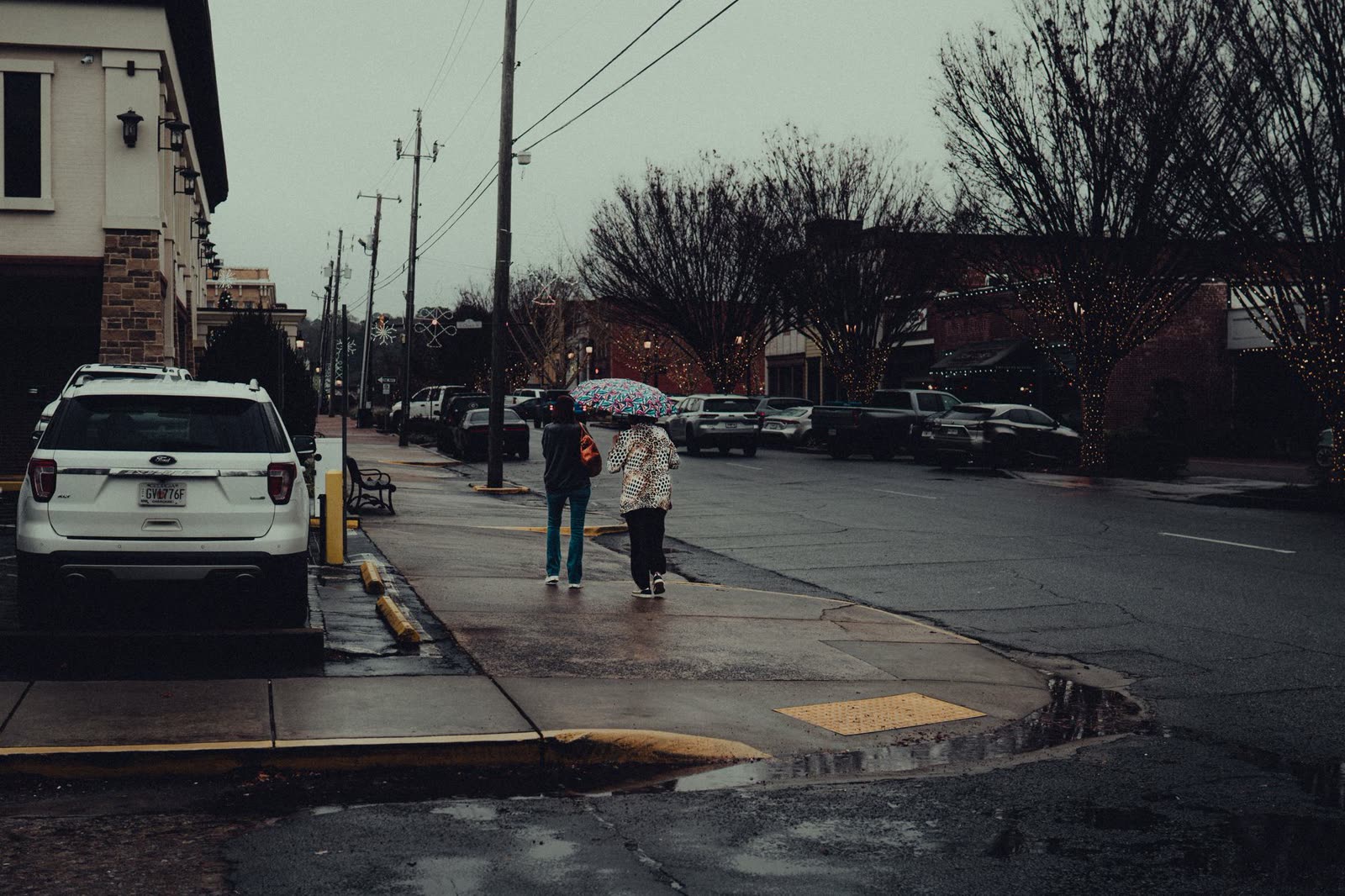 people with umbrellas walking a small-town street in winter rain / calm open ocean water under clearing skies / rain falling on a quiet river trail in late autumn