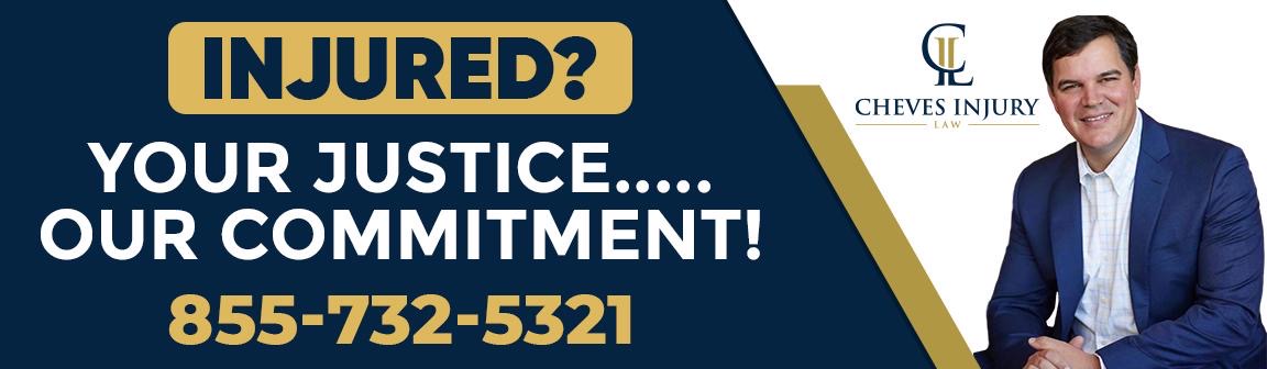 Cheves Injury Law advertisement with a large Injured slogan with the phone number 8557325321 with a blue background