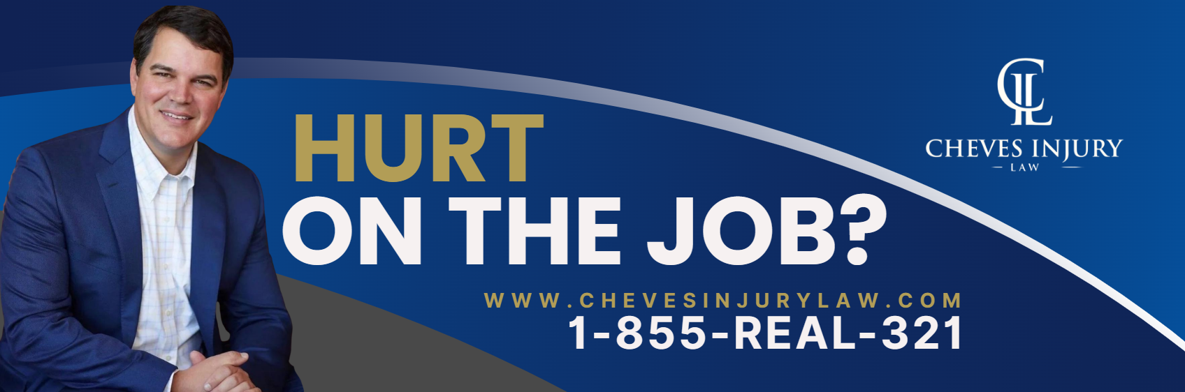 Cheves Injury Law ad with the message "Hurt on the job" with a blue background