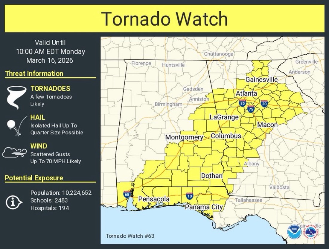 Tornado Watch issued for Alabama, Georgia until 10 AM eastern time ...