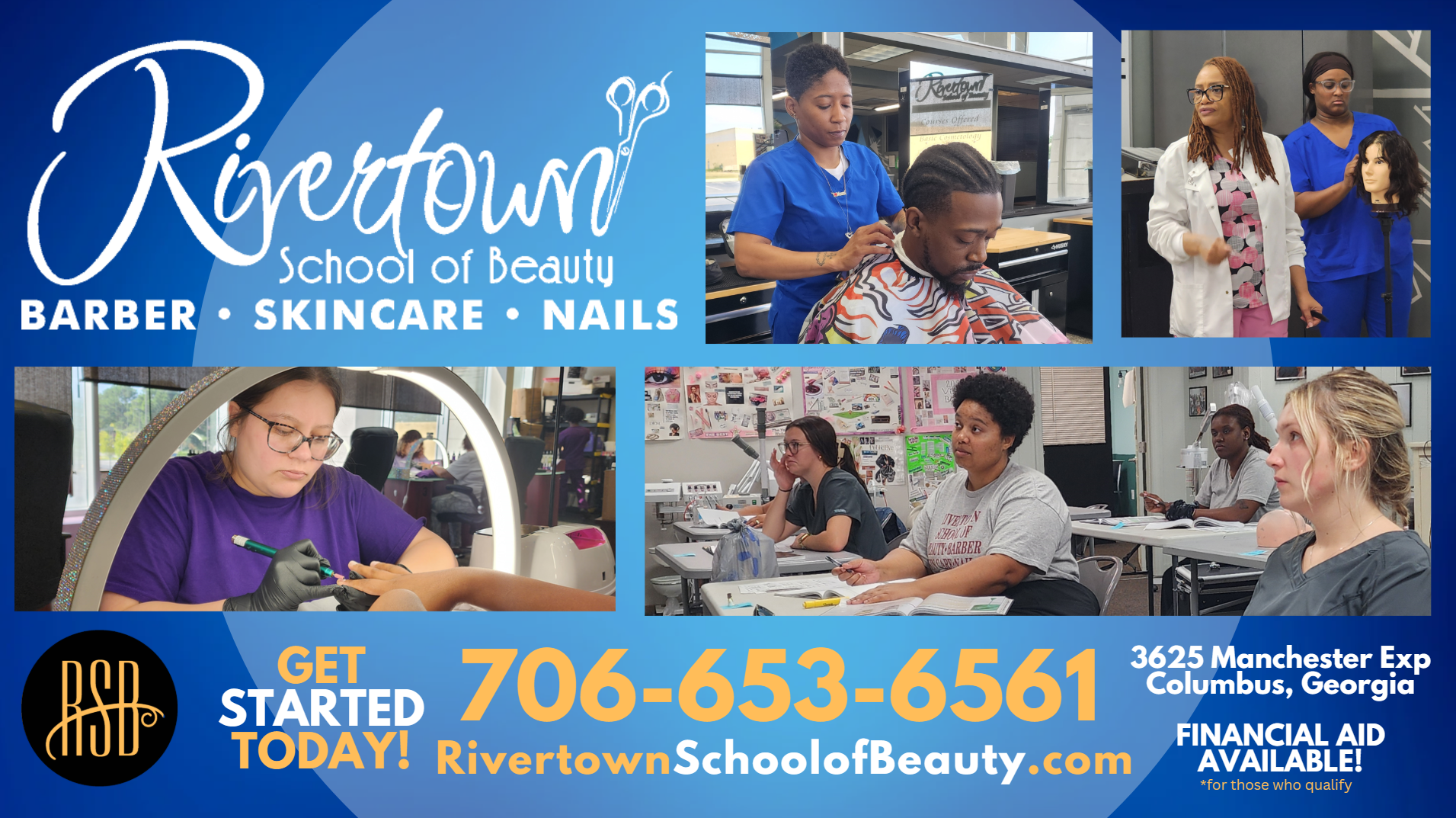Rivertown school of beauty ad with five additional images of students learning how to style hair